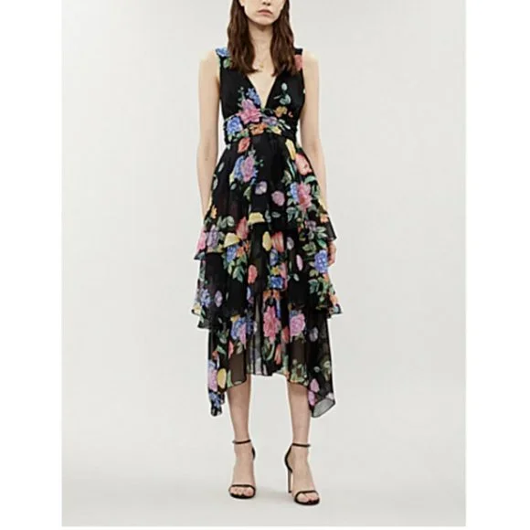 topshop floral ruffle midi dress Topshop flutter sleeve ruffle occasion midi dress in black base floral